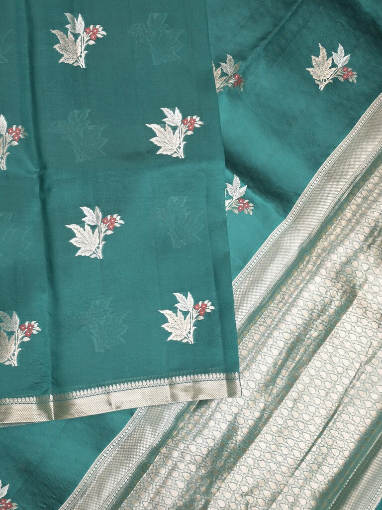 Raw mango pattu saree leaf green color allover zari weaves & small zari border with short pallu and contrast blouse