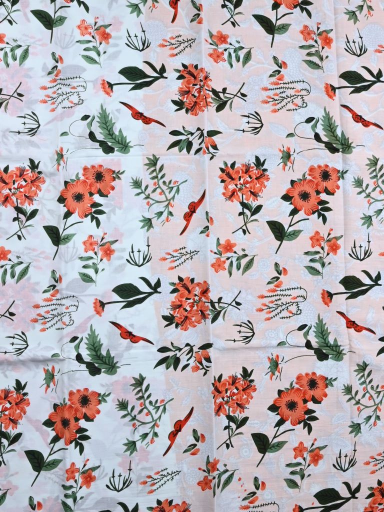 Cotton printed saree white color allover prints & printed border with printed pallu and contrast printed blouse