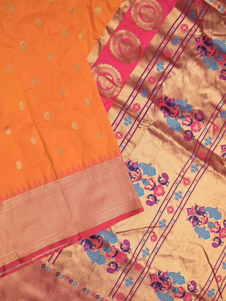 Banaras fancy saree orange color allover zari motifs & zari border with paithani pallu and contrast plain blouse