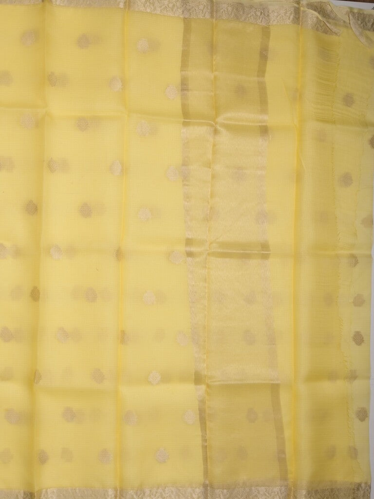 Pure silk kota fancy saree light yellow color allover zari motifs & zari border with short zari pallu and attached plain blouse