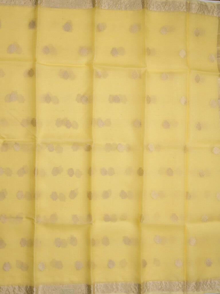 Pure silk kota fancy saree light yellow color allover zari motifs & zari border with short zari pallu and attached plain blouse