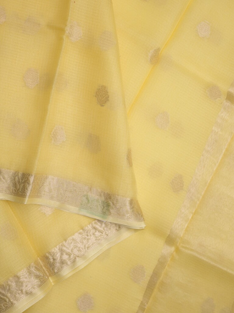 Pure silk kota fancy saree light yellow color allover zari motifs & zari border with short zari pallu and attached plain blouse