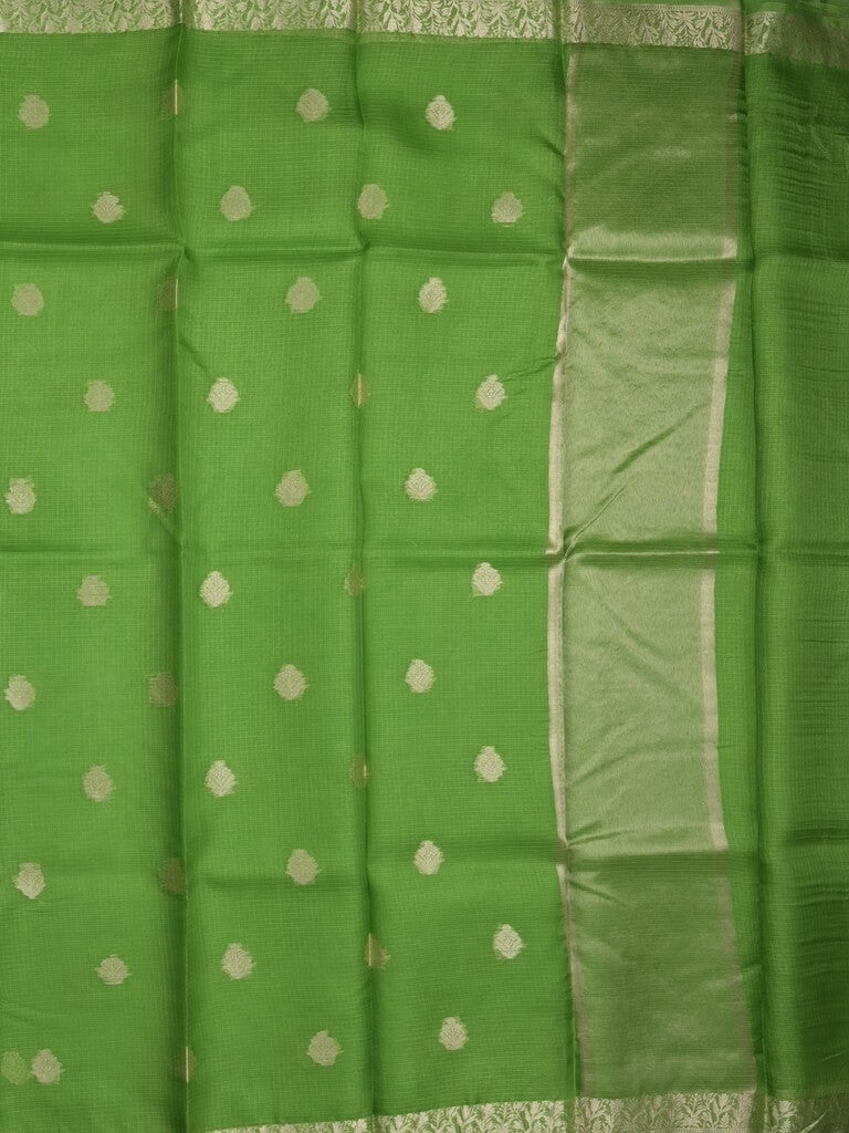 Pure silk kota fancy saree parrot green color allover zari motifs & zari border with short zari pallu and attached plain blouse