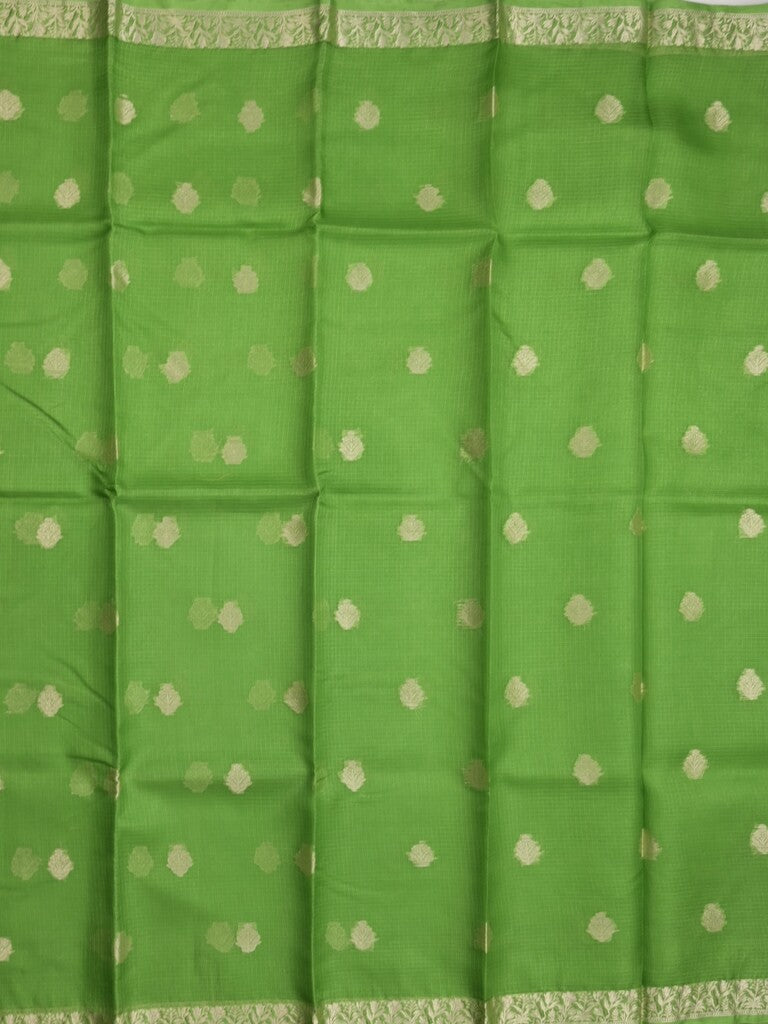 Pure silk kota fancy saree parrot green color allover zari motifs & zari border with short zari pallu and attached plain blouse