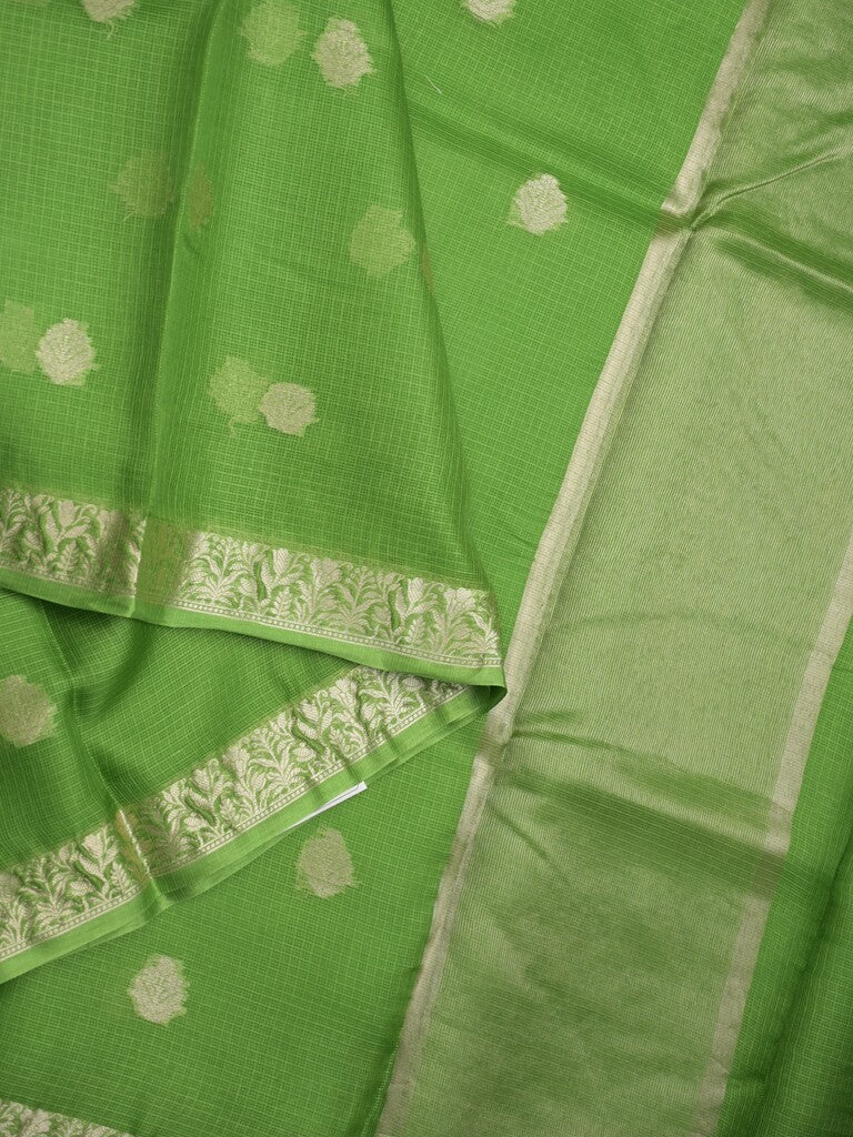 Pure silk kota fancy saree parrot green color allover zari motifs & zari border with short zari pallu and attached plain blouse