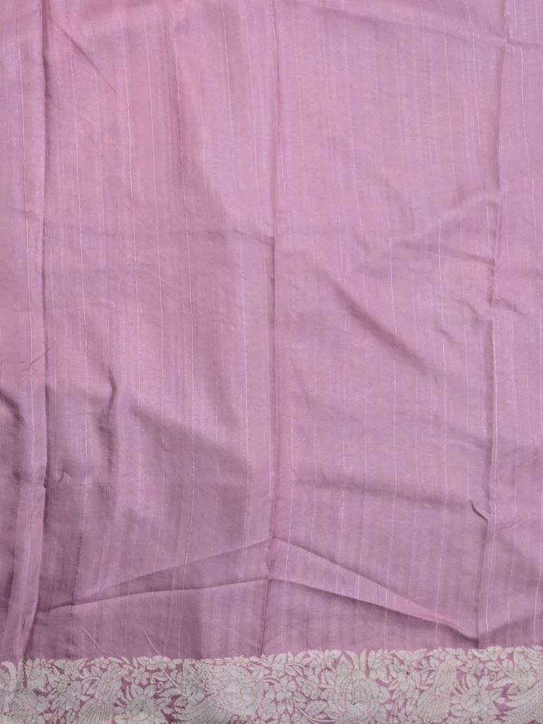 Tussar fancy saree light purple color allover embroidery & embroidery border with running pallu and attached plain blouse