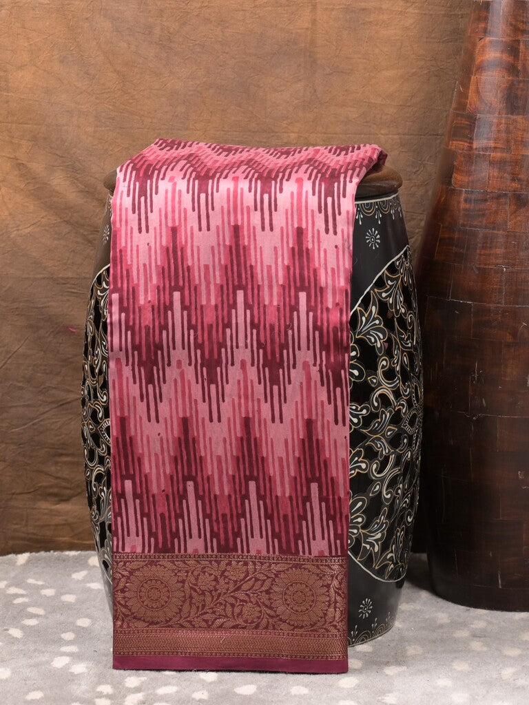 Maheshwari fancy saree pink color allover prints & zari border with short pallu and attached plain blouse
