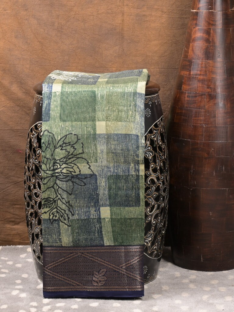 Maheshwari fancy saree green and blue color allover prints & zari border with short pallu and attached plain blouse