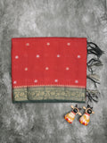 Maheshwari fancy saree red color allover zari motifs & zari border with contrast pallu and attached blouse