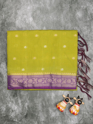 Maheshwari fancy saree parrot green color allover zari motifs & zari border with contrast pallu and attached blouse