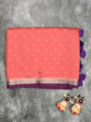 Maheshwari fancy saree coral pink color allover zari motifs & zari border with contrast pallu and attached blouse