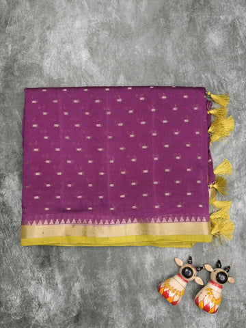Maheshwari fancy saree dark purple color allover zari motifs & zari border with contrast pallu and attached blouse
