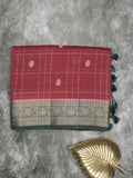 Maheshwari fancy saree maroon color allover checks, zari motifs & zari border with contrast pallu and attached blouse