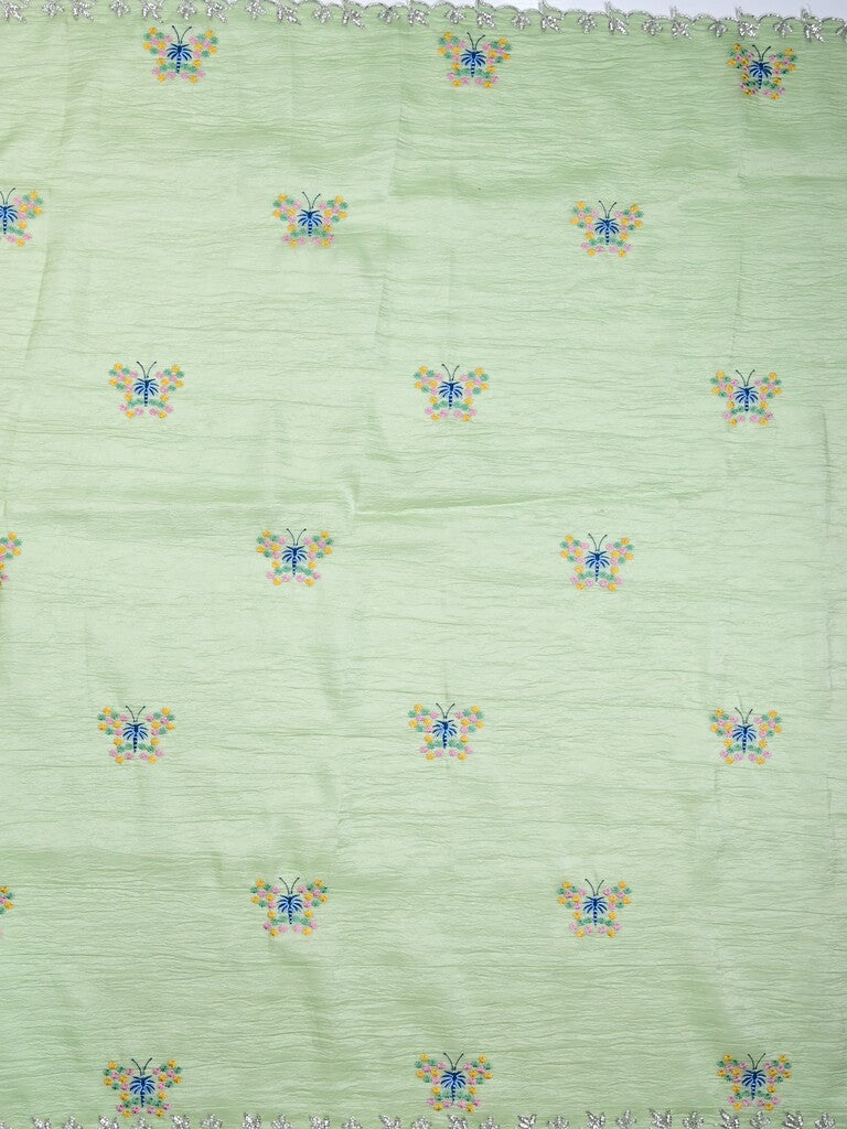Organza crush fancy saree light pista green color allover embroidery & fancy embroidery border with running pallu and contrast blouse
