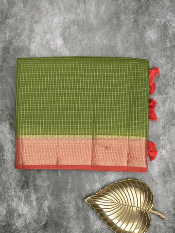 Maheshwari fancy saree parrot green color allover checks & zari border with contrast pallu and attached plain blouse