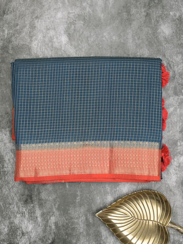 Maheshwari fancy saree navy blue color allover checks & zari border with contrast pallu and attached plain blouse