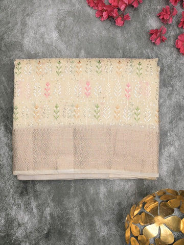 Chanderi fancy saree pastel yellow color allover embroidery & zari border with short zari pallu and attached plain blouse