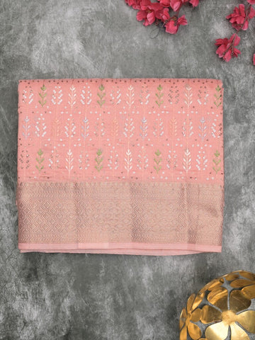 Chanderi fancy saree baby pink color allover embroidery & zari border with short zari pallu and attached plain blouse