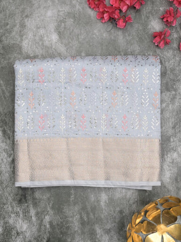 Chanderi fancy saree light lavender color allover embroidery & zari border with short zari pallu and attached plain blouse