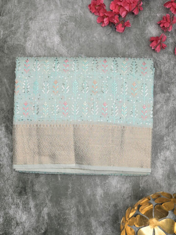 Chanderi fancy saree light blue color allover embroidery & zari border with short zari pallu and attached plain blouse