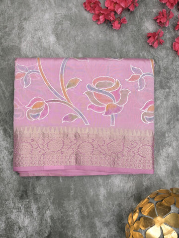 Dupion pattu saree light purple color allover weaves & zari border with short zari pallu and attached plain blouse