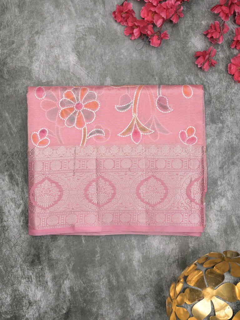 Dupion pattu saree baby pink color allover weaves & zari border with short zari pallu and attached plain blouse