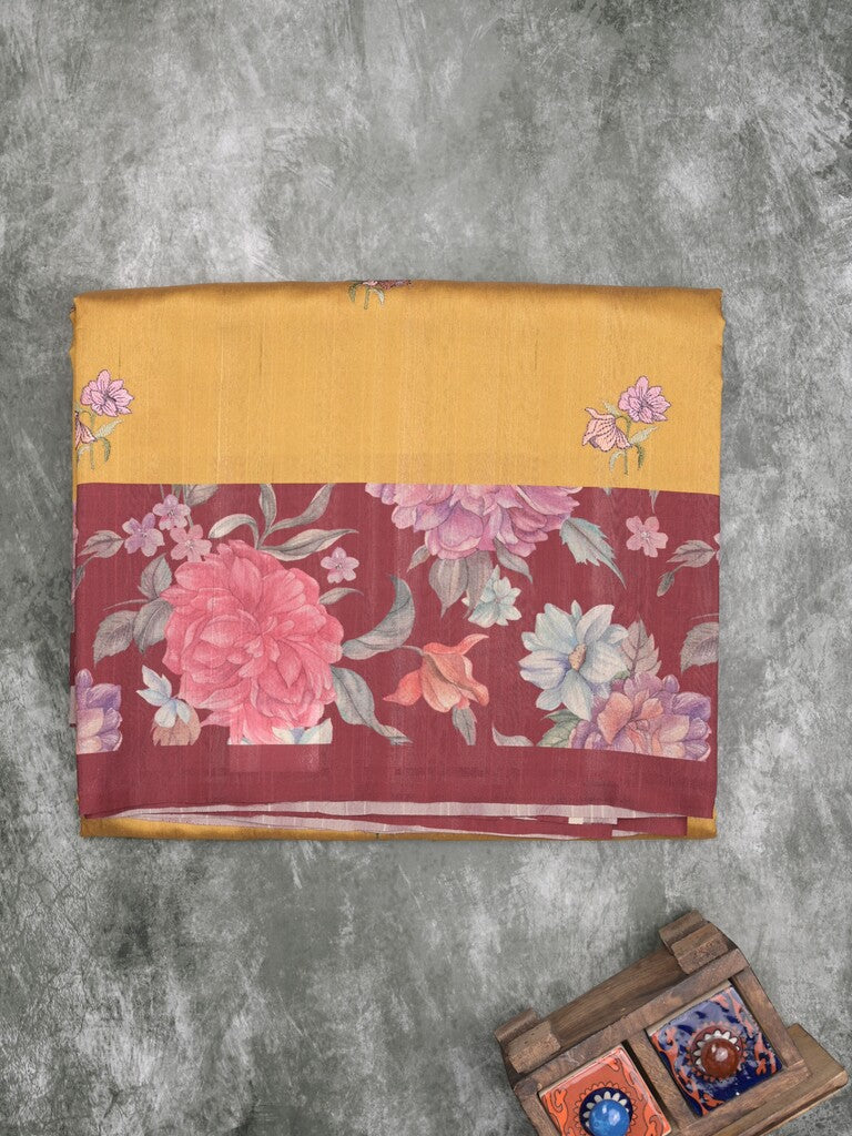 Tussar fancy saree golden yellow color allover prints & printed border with contrast pallu and printed blouse