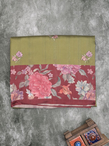 Tussar fancy saree olive green color allover prints & printed border with contrast pallu and printed blouse
