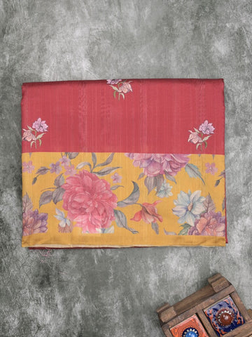 Tussar fancy saree red color allover prints & printed border with contrast pallu and printed blouse
