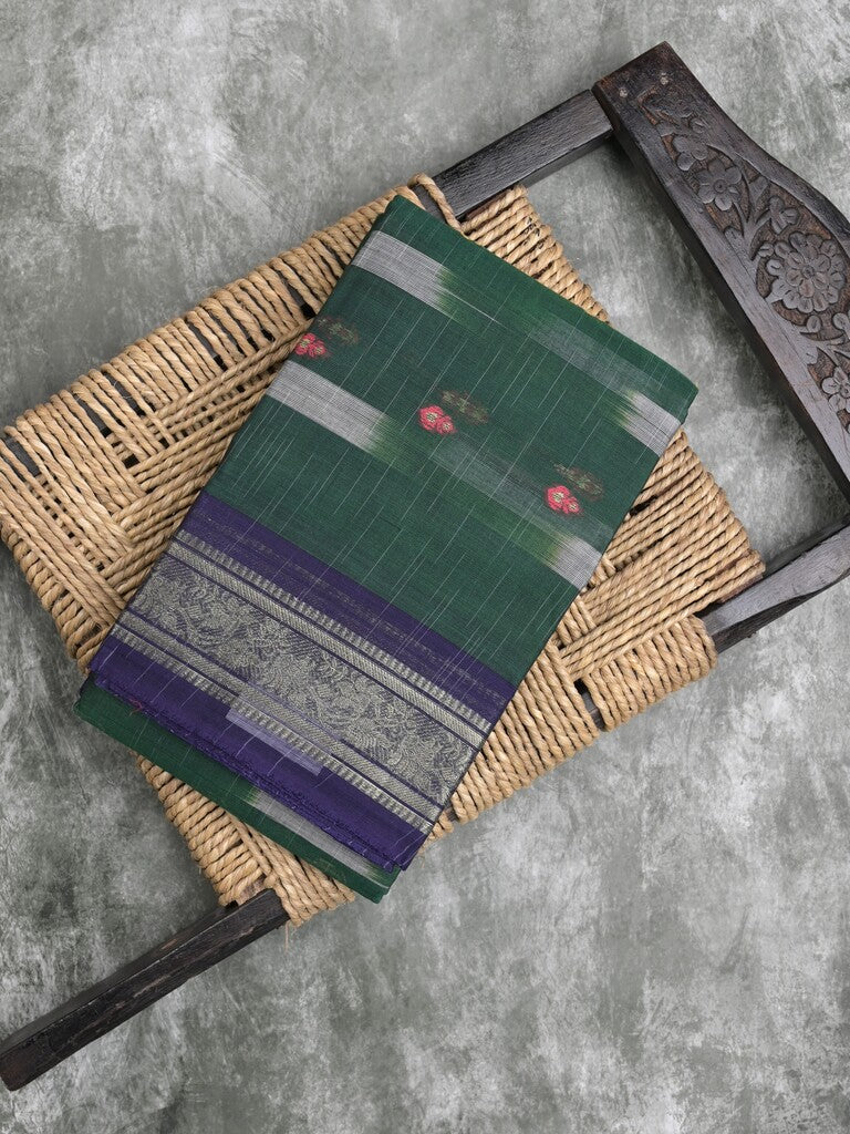 Dhaka cotton saree dark green color allover weaves & Small zari border with contrast pallu