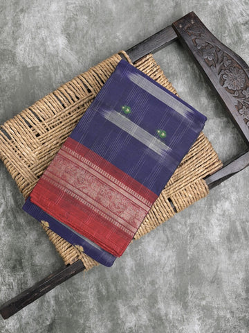 Dhaka cotton saree navy blue color allover weaves & Small zari border with contrast pallu
