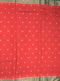 Maheshwari fancy saree red color allover zari motifs & zari border with contrast pallu and attached blouse