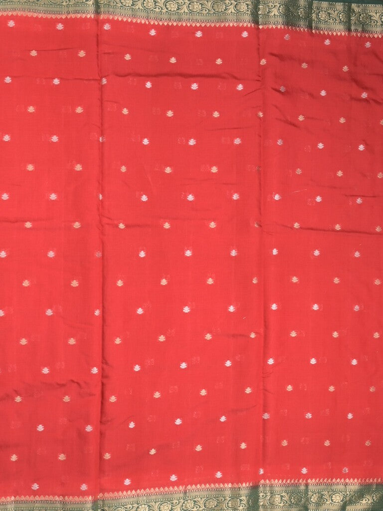 Maheshwari fancy saree red color allover zari motifs & zari border with contrast pallu and attached blouse