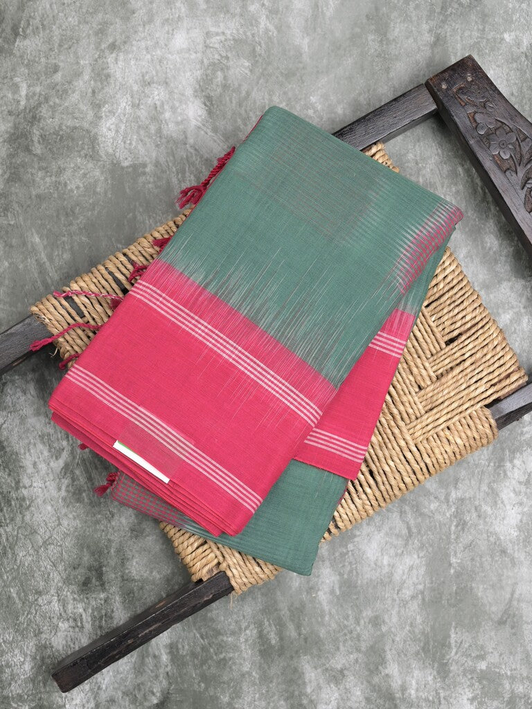 Dhaka cotton saree light olive green color allover stripes & Small border with contrast pallu and attached plain blouse