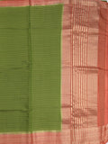 Maheshwari fancy saree parrot green color allover stripes & zari border with contrast pallu and attached plain blouse