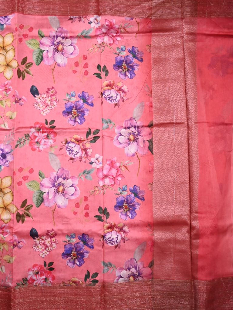 Maheswari fancy saree pink color allover prints & zari border with short pallu and printed blouse