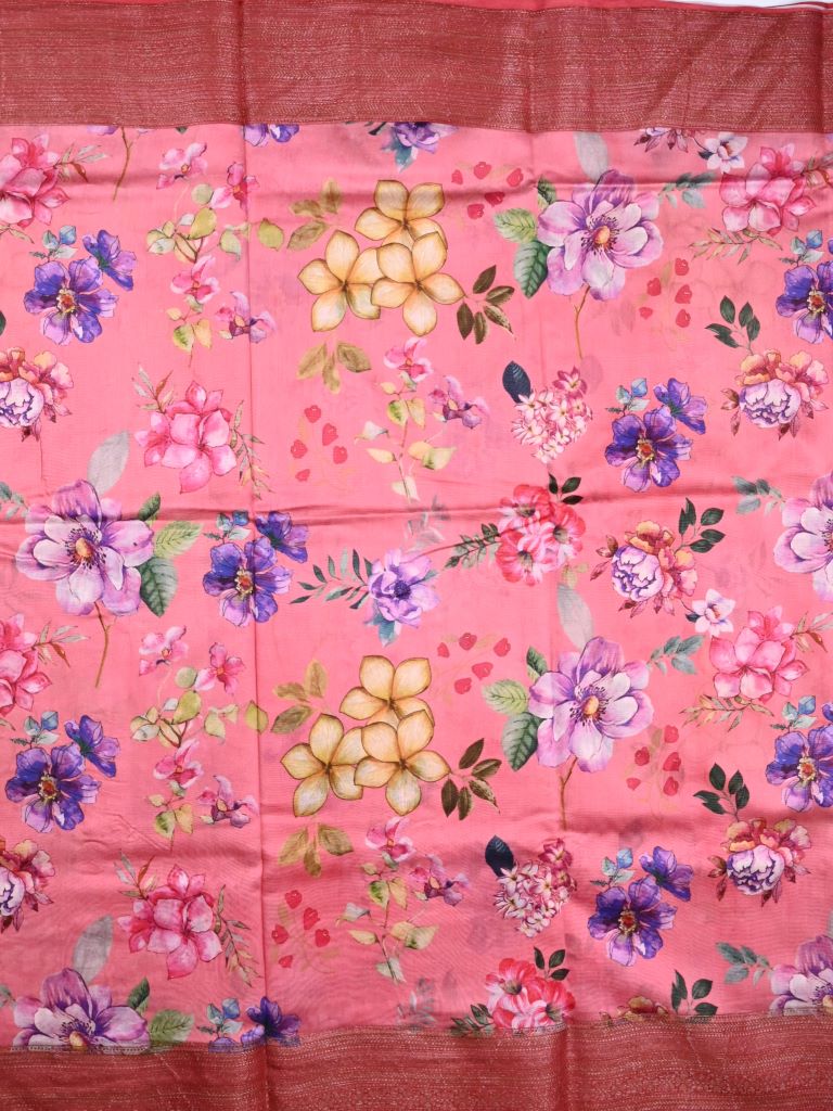 Maheswari fancy saree pink color allover prints & zari border with short pallu and printed blouse