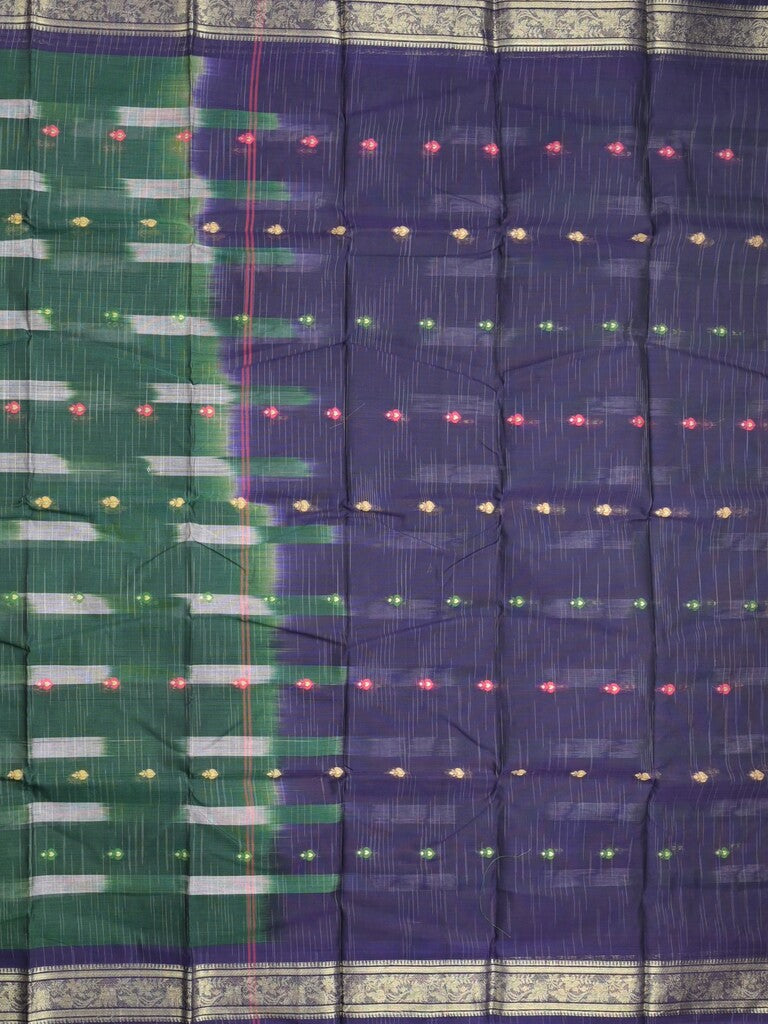 Dhaka cotton saree dark green color allover weaves & Small zari border with contrast pallu