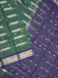Dhaka cotton saree dark green color allover weaves & Small zari border with contrast pallu