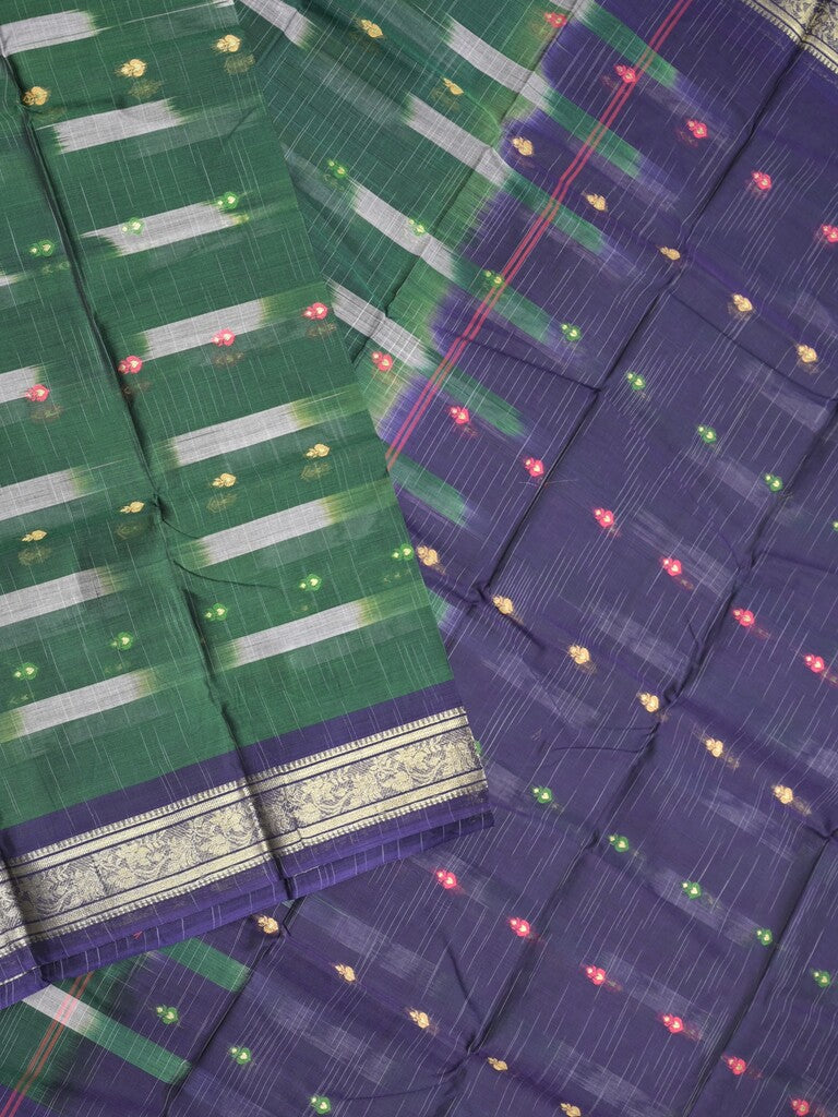 Dhaka cotton saree dark green color allover weaves & Small zari border with contrast pallu