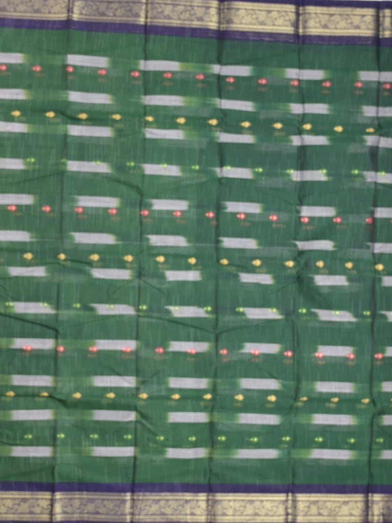 Dhaka cotton saree dark green color allover weaves & Small zari border with contrast pallu