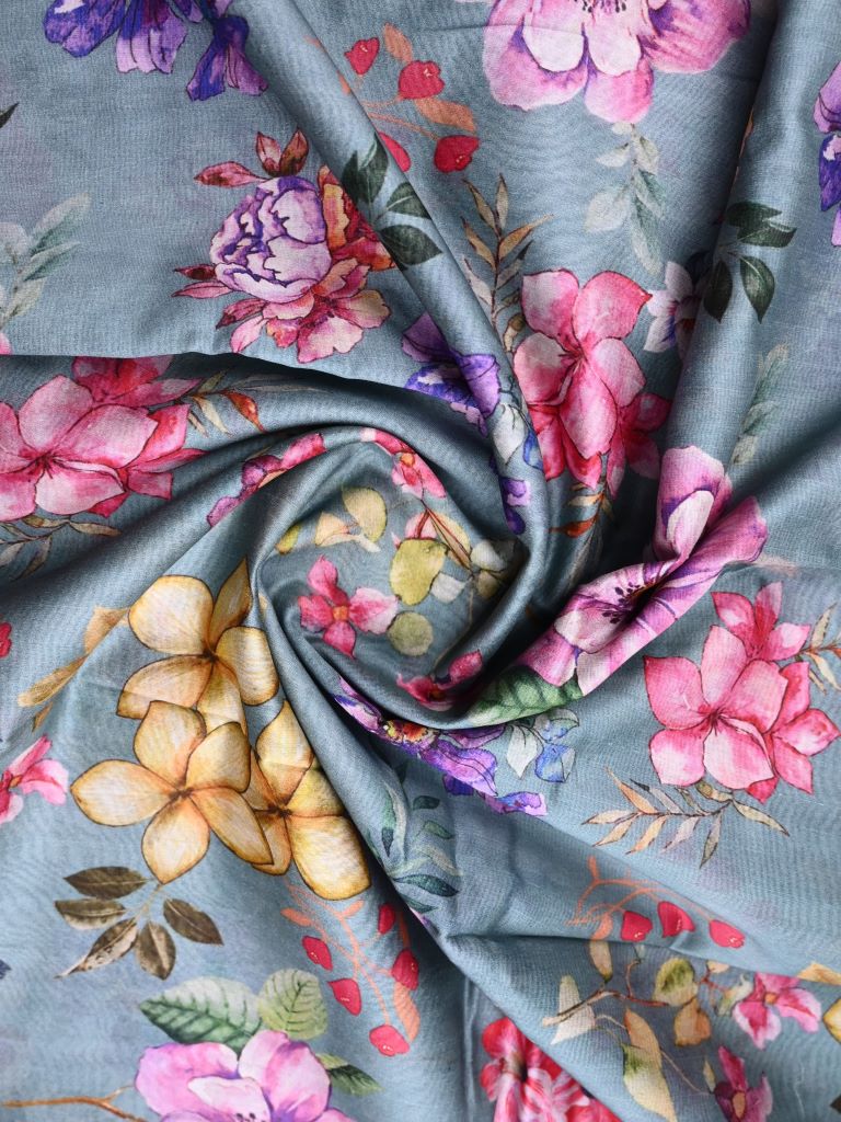 Maheswari fancy saree grey color allover prints & zari border with short pallu and printed blouse