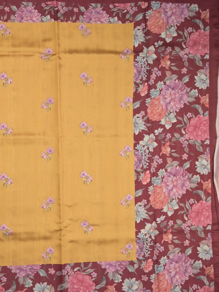 Tussar fancy saree golden yellow color allover prints & printed border with contrast pallu and printed blouse