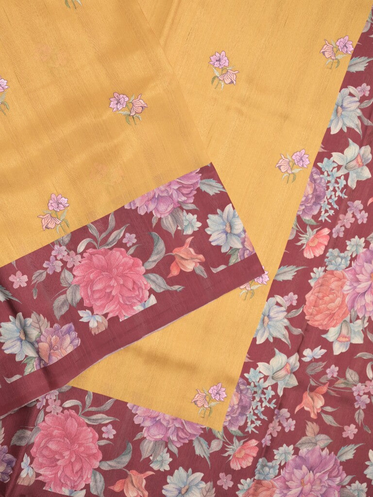 Tussar fancy saree golden yellow color allover prints & printed border with contrast pallu and printed blouse