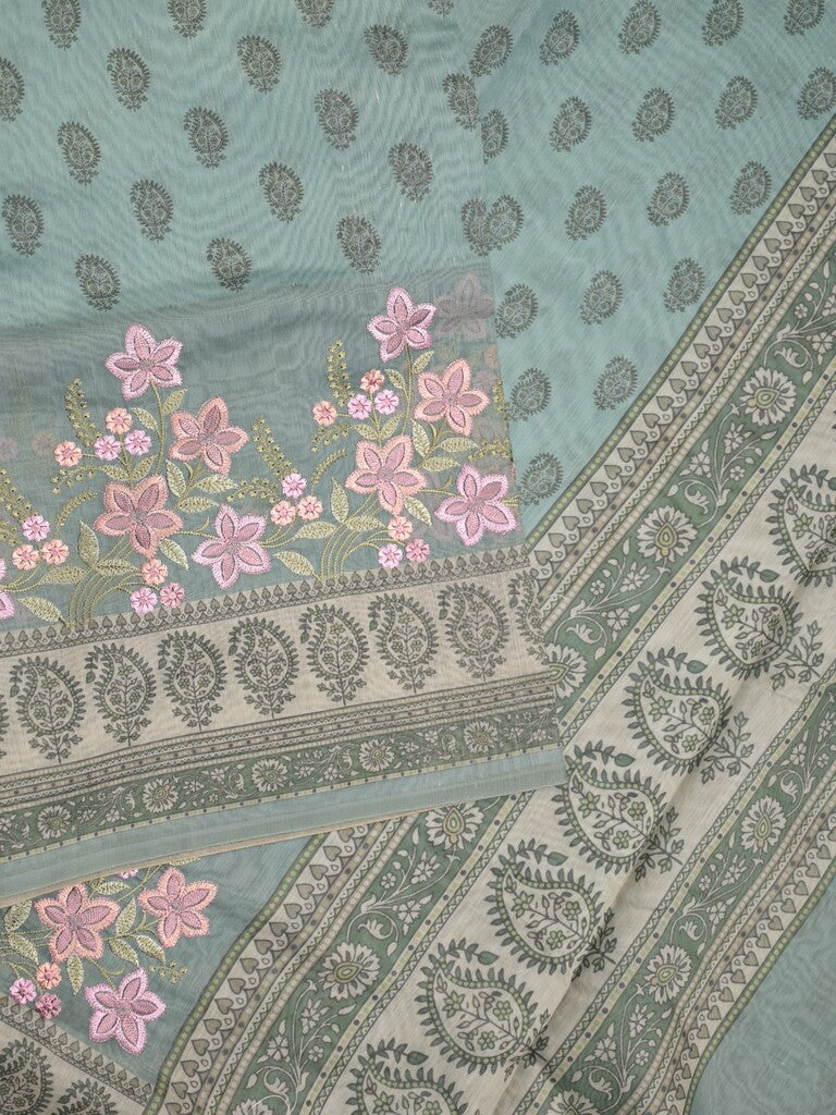 Chanderi fancy saree light yellow color allover prints, embroidery & printed border with printed pallu and printed blouse