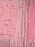 Dupion pattu saree baby pink color allover weaves & zari border with short zari pallu and attached plain blouse