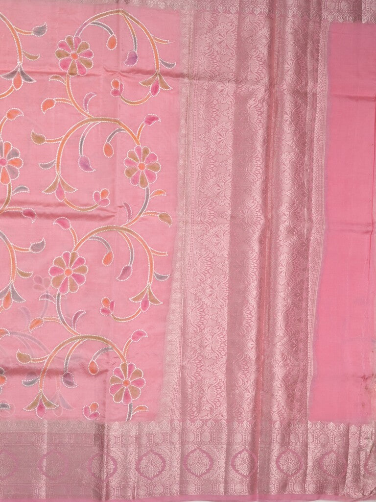 Dupion pattu saree baby pink color allover weaves & zari border with short zari pallu and attached plain blouse