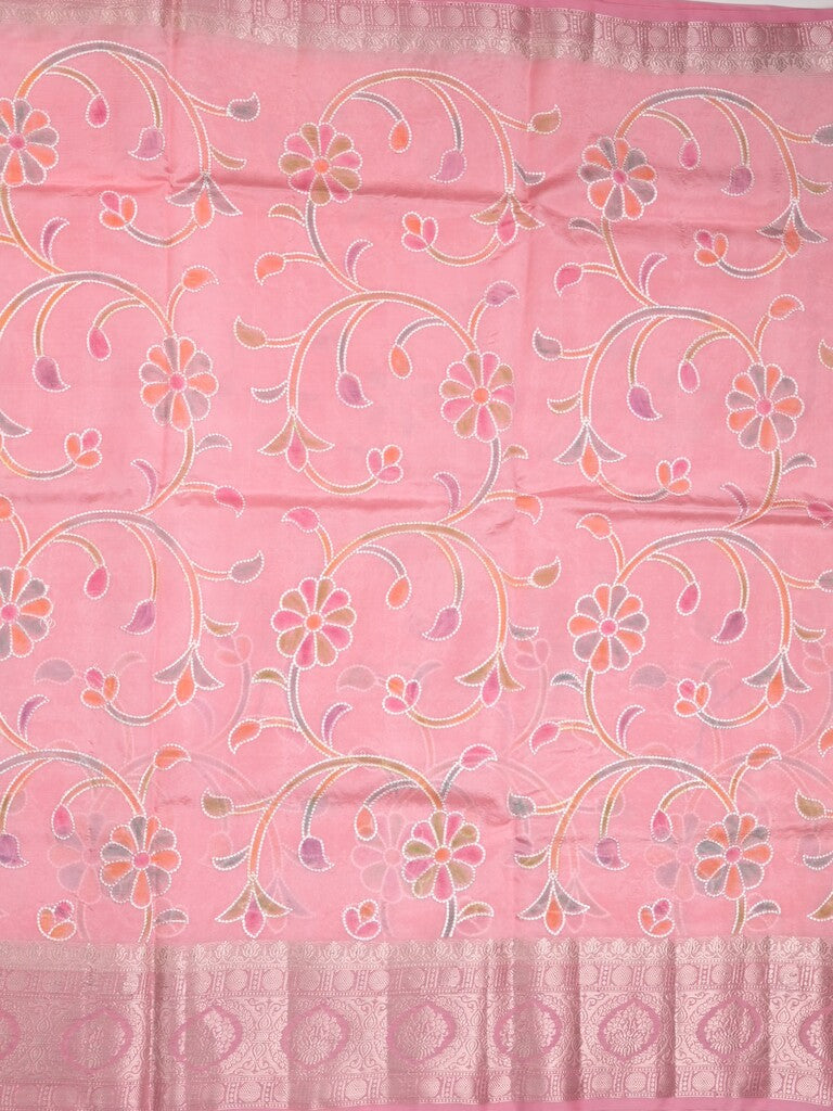 Dupion pattu saree baby pink color allover weaves & zari border with short zari pallu and attached plain blouse