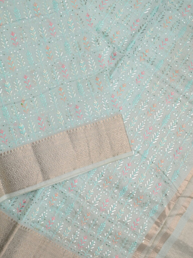 Chanderi fancy saree light blue color allover embroidery & zari border with short zari pallu and attached plain blouse