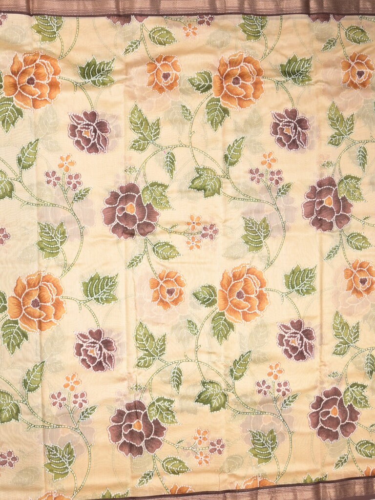 Maheshwari fancy saree cream color allover prints & zari border with short pallu and attached plain blouse